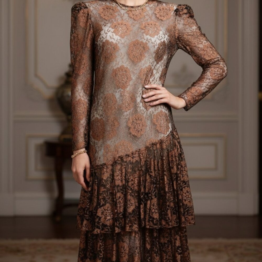 Vintage Copper  Lace Evening Dress Midi Drop Waist Ruffle